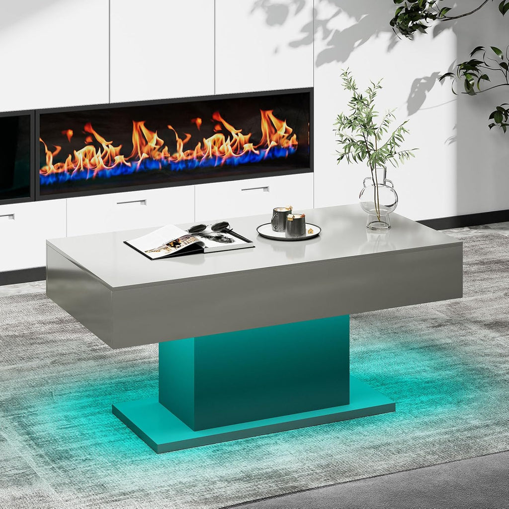 HedoAjim Led Coffee Table for Living Room, Living Room Table Rectangular Center Table, Modern High Glossy Wooden Coffee Tables with 16 Colors LED Lights for Dining Reception Room, Grey