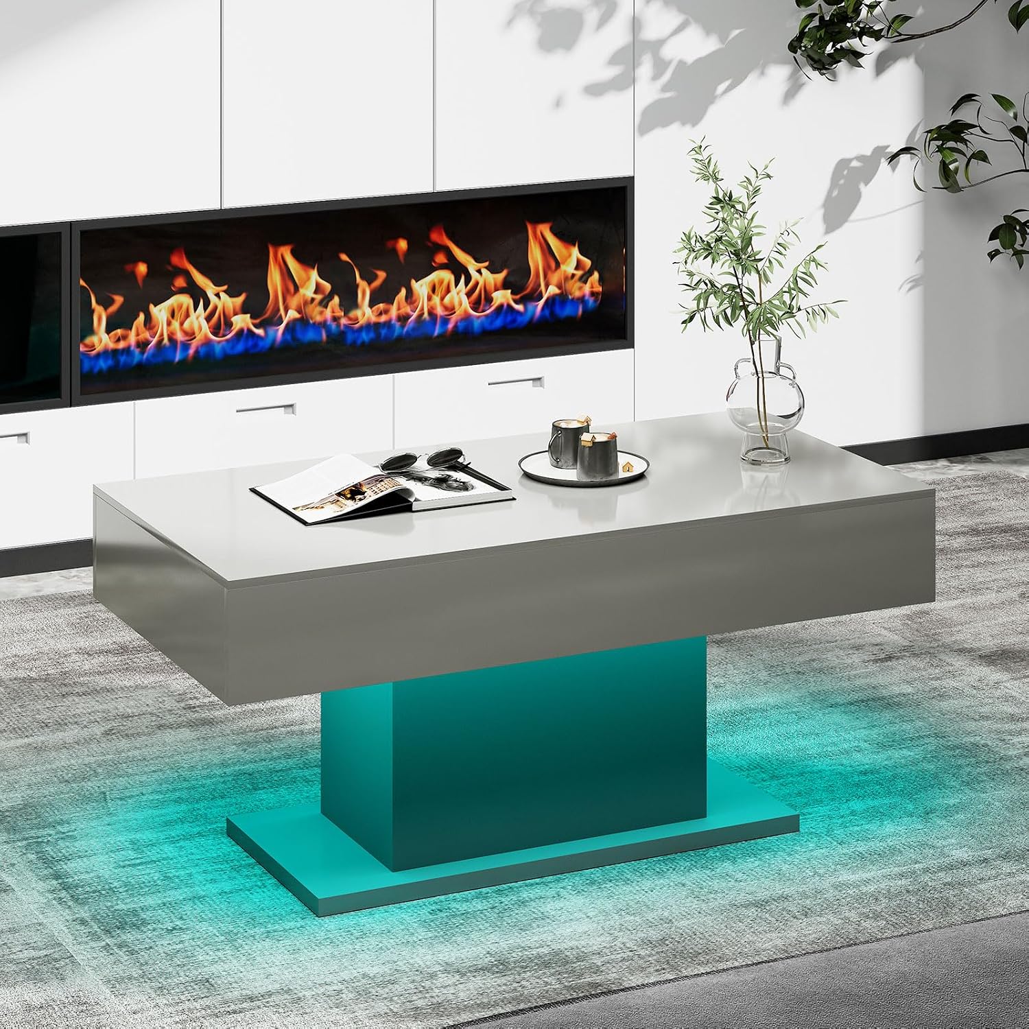 HedoAjim Led Coffee Table for Living Room, Living Room Table Rectangular Center Table, Modern High Glossy Wooden Coffee Tables with 16 Colors LED Lights for Dining Reception Room, Grey