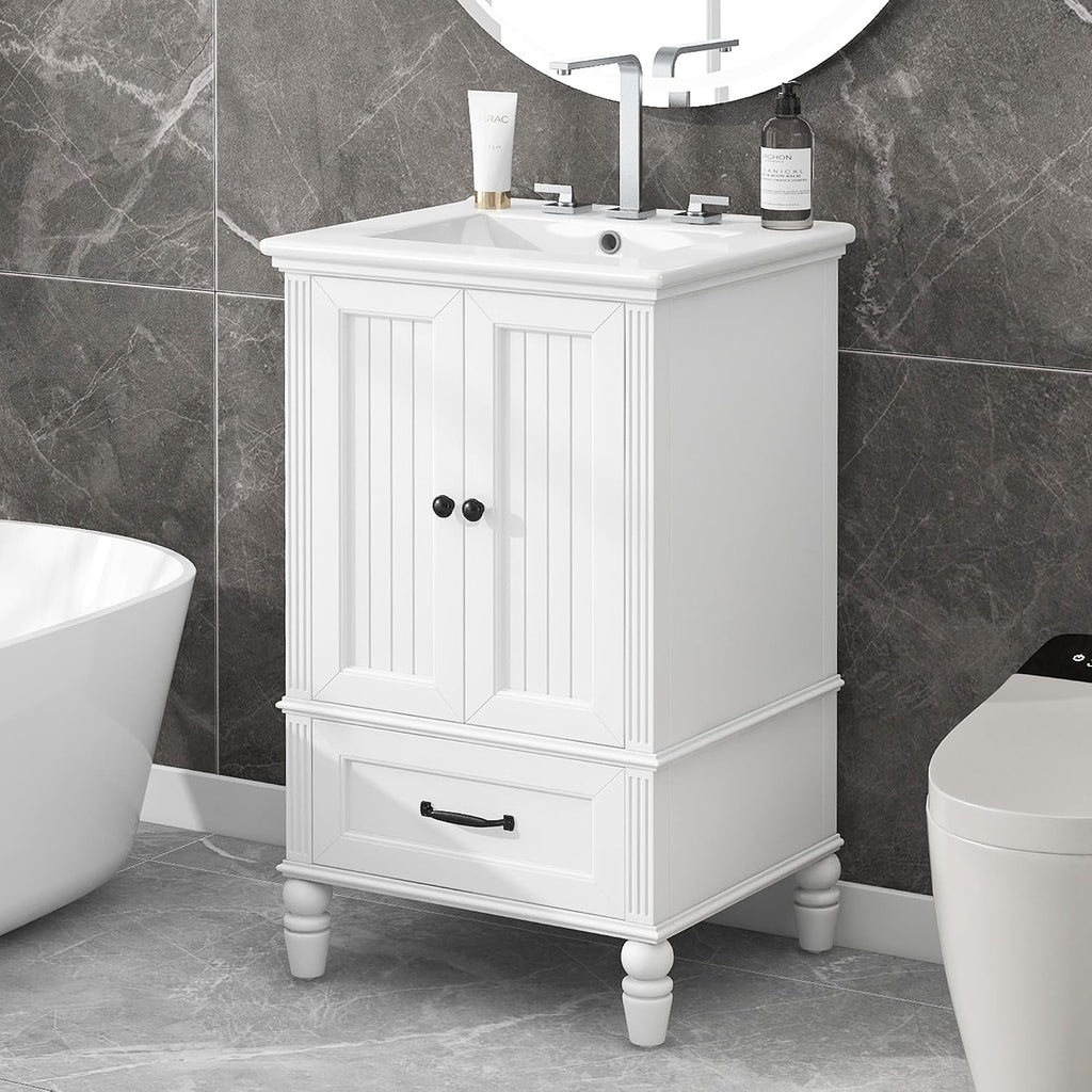 Bathroom Vanity with Sink, 20' Vanity Sink Cabinet with Ceramic Basin, 2 Doors and 1 Drawer, Free Standing Bathroom Storage Cabinet with Sink Combo Set, White