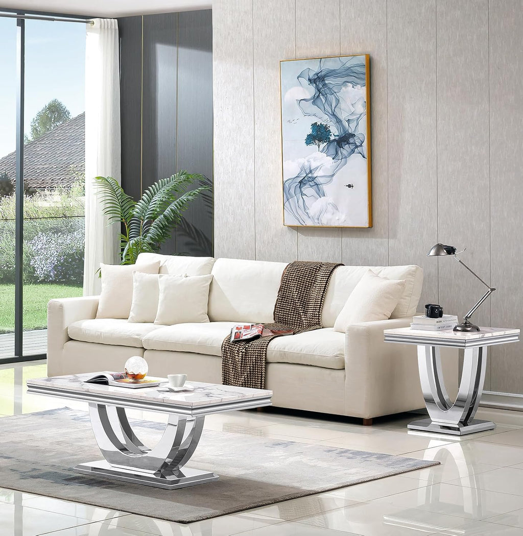 3 Pieces Coffee Table Set, Faux Marble Living Room Table Set of 3, Modern Coffee Table and 2 End Tables with Dual U-Shaped Stainless Steel Base for Living Room (White Silver)