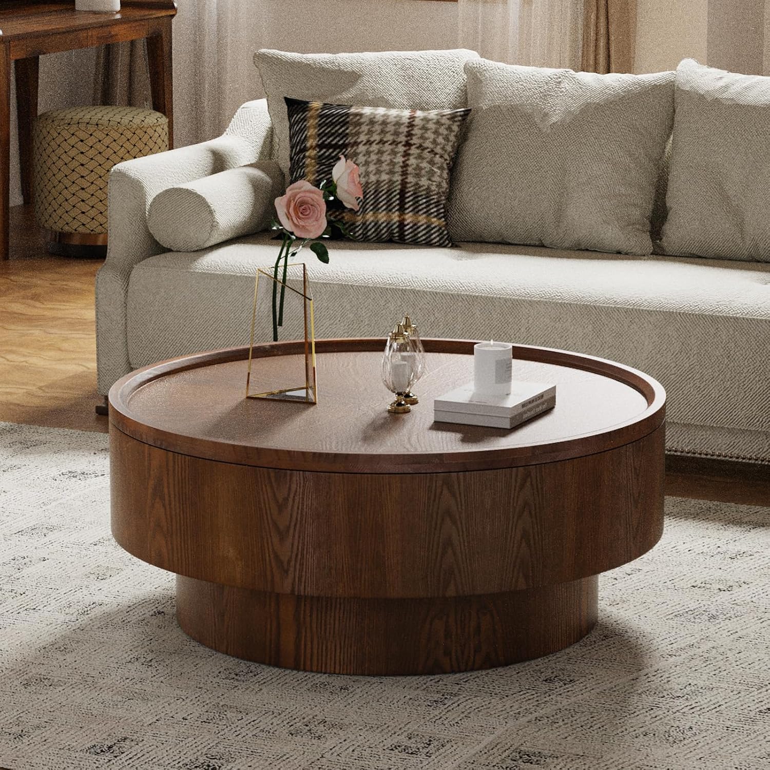 30.7' Round Coffee Table with Storage Modern Stylish Circle Storages Coffee Table with Solid Wood Veneered for Living Room Study Balcony Farmhouse (Circle Storage Table 30.7in)