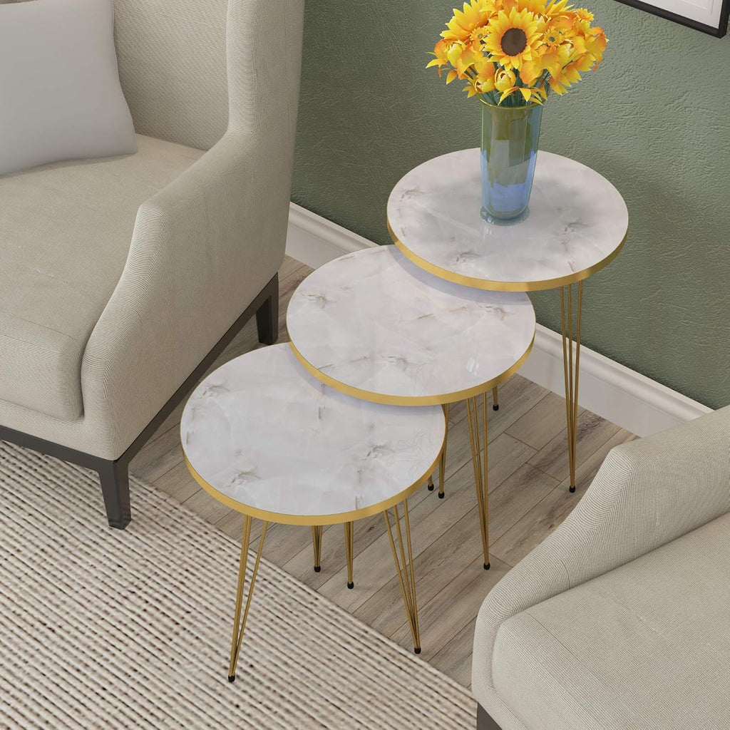 Set of 3 High Gloss White Marble Gold Legs Nesting End Tables Round Wood Stacking Coffee Side Accent Table with Metal Legs for Living Room, Home Office, Nightstands for Bedroom