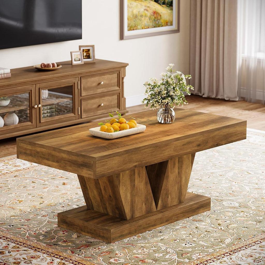 Tribesigns Farmhouse Rectangular Coffee Table, 47.2' Mid-Century Wooden Center Table with Thick Sculptural Base, Modern Rustic Accent Furniture for Living Room, Rustic Brown