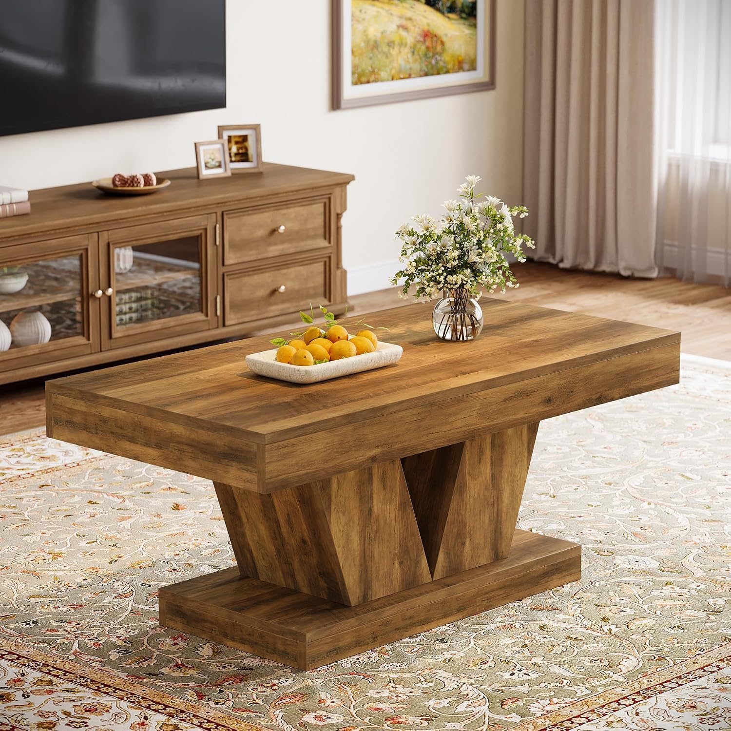 Tribesigns Farmhouse Rectangular Coffee Table, 47.2' Mid-Century Wooden Center Table with Thick Sculptural Base, Modern Rustic Accent Furniture for Living Room, Rustic Brown