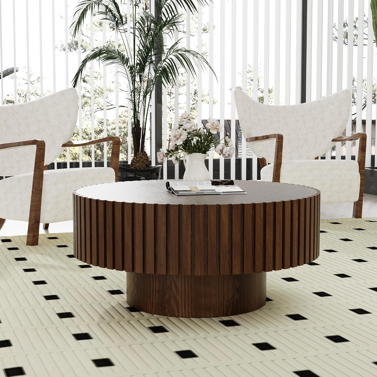 Round Fluted Coffee Table Round Drum Coffee Table for Living Room Modern Circular Pedestal Center Table (Circle Brown 31.5in)