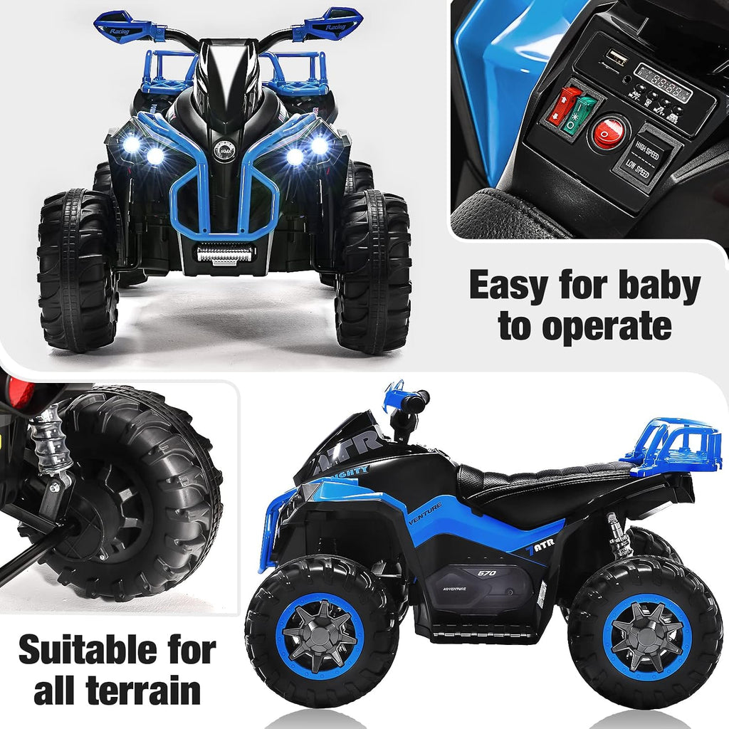 Soar Four Wheeler for Kids – Electric Toddler ATV 4 Wheeler for Ages 3–6, 12V Ride On Quad with LED Lights, Music, High/Low Speed, USB/TF, Treaded Tires, Blue