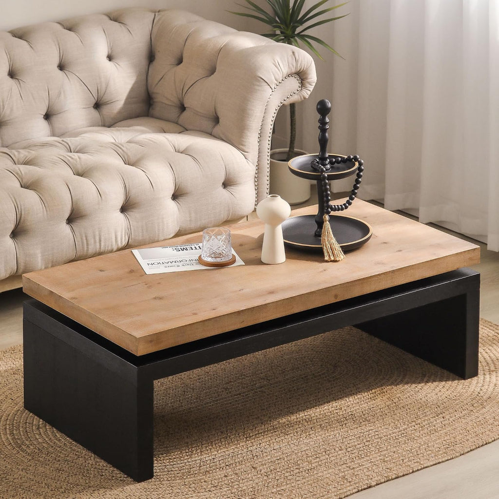 47.6' Wood Coffee Table, Mid Century Modern Farmhouse Wooden Coffee Tables for Living Room Natural Solid Firwood Tabletop Rectangle Center Table for Apartment Home Office Tea Table (Natural+Black)