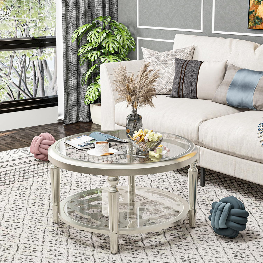 HOMPUS Glass Coffee Table, 32'' Round Coffee Table with Storage Shelf, Modern Unique Coffee Table with Double-Tempered Glass, Living Room End Table for Bedroom, Meeting Room, Fully Assembled