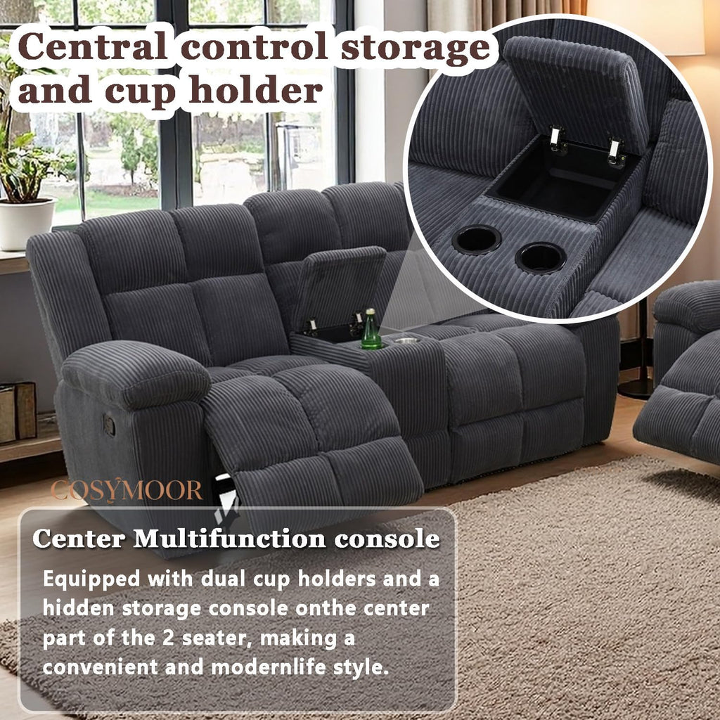Corduroy Recliner Sofa Set with Cup Holder, 3 Pieces Living Room Furniture Sets, Grey Manual Corduroy Sofa Set with Storage, Modern Reclining Couches for Living Room/Office