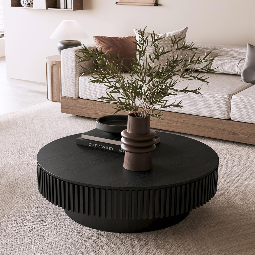 39.37'' Round Coffee Table for Living Room, Fluted Coffee Table with Hidden Storage, Solid Wood Veneered Circle Table, Modern Tea Table for Small Space Apartment (Black)