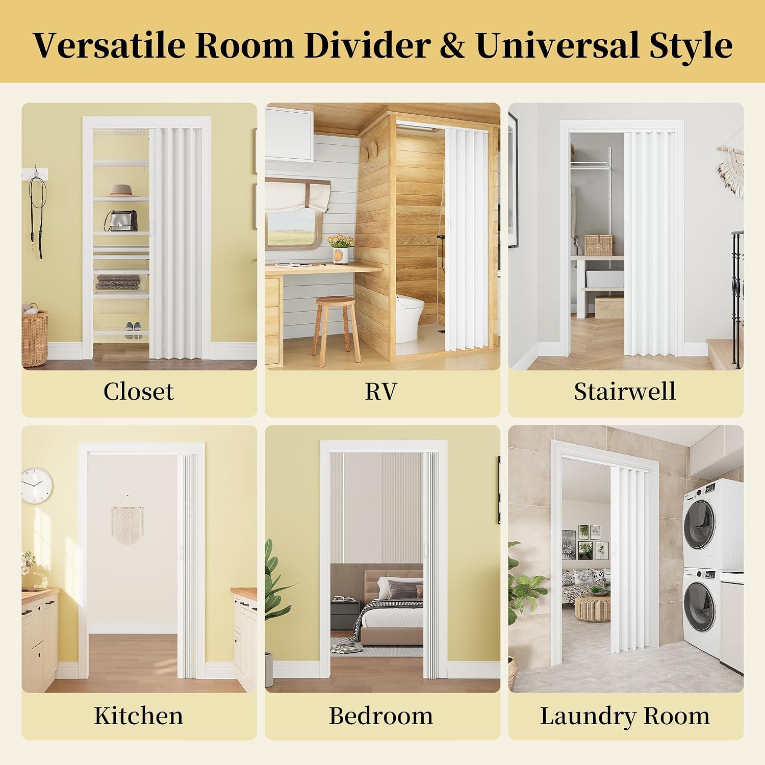 72' x 80' Accordion Doors Interior, Suitable for Doorway Width: 61'-72', PVC Folding Door with Clear Instructions, Accordion Door for Doorway Closet Bedroom Room Divider, Soundproof & Easy to Install