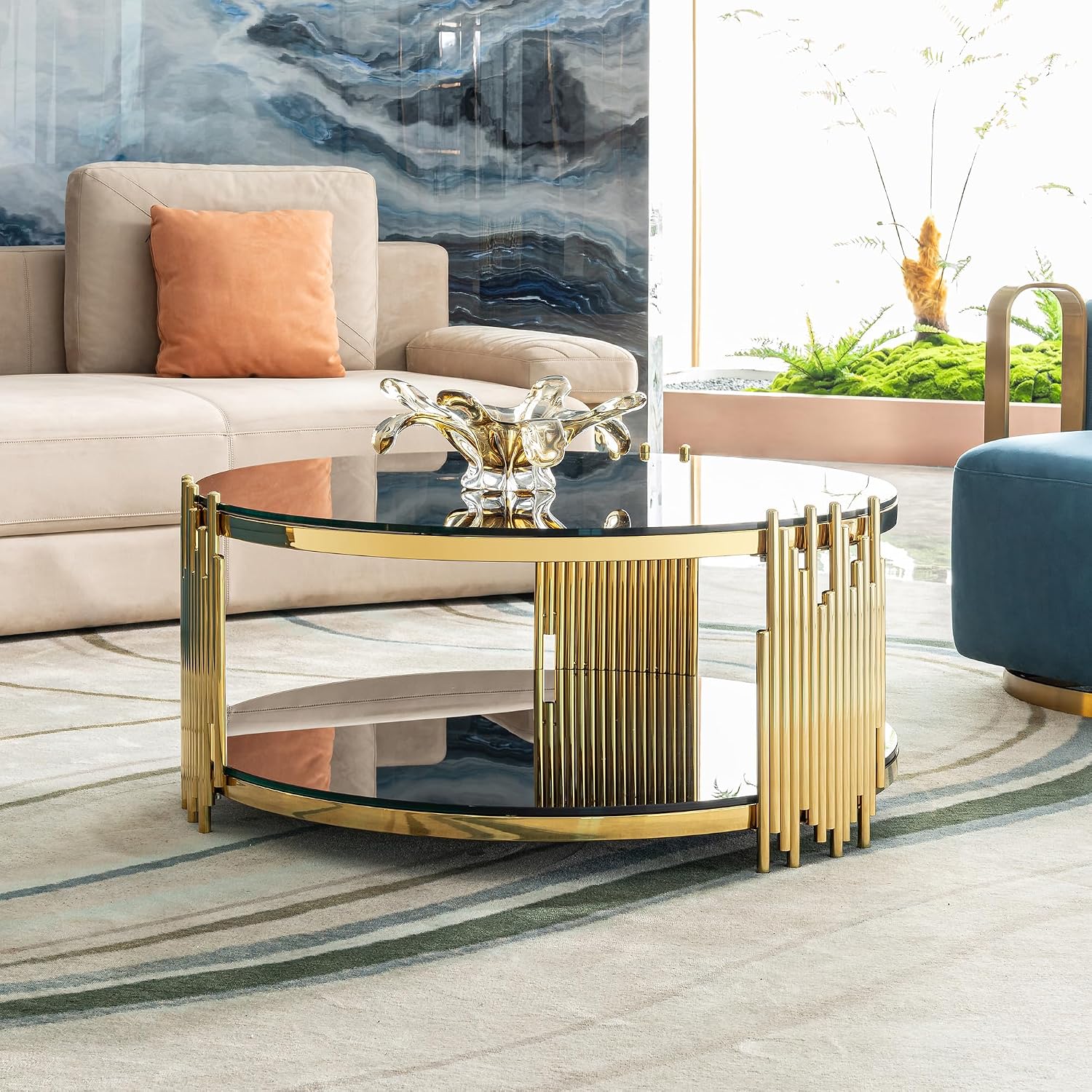 31.5'' Tempered Glass Round Coffee Table for Living Room, 2-Tier Modern Circle Coffee Table, Glass Tabletop & Stainless Steel Frame, Easy Assembly, Black & Gold