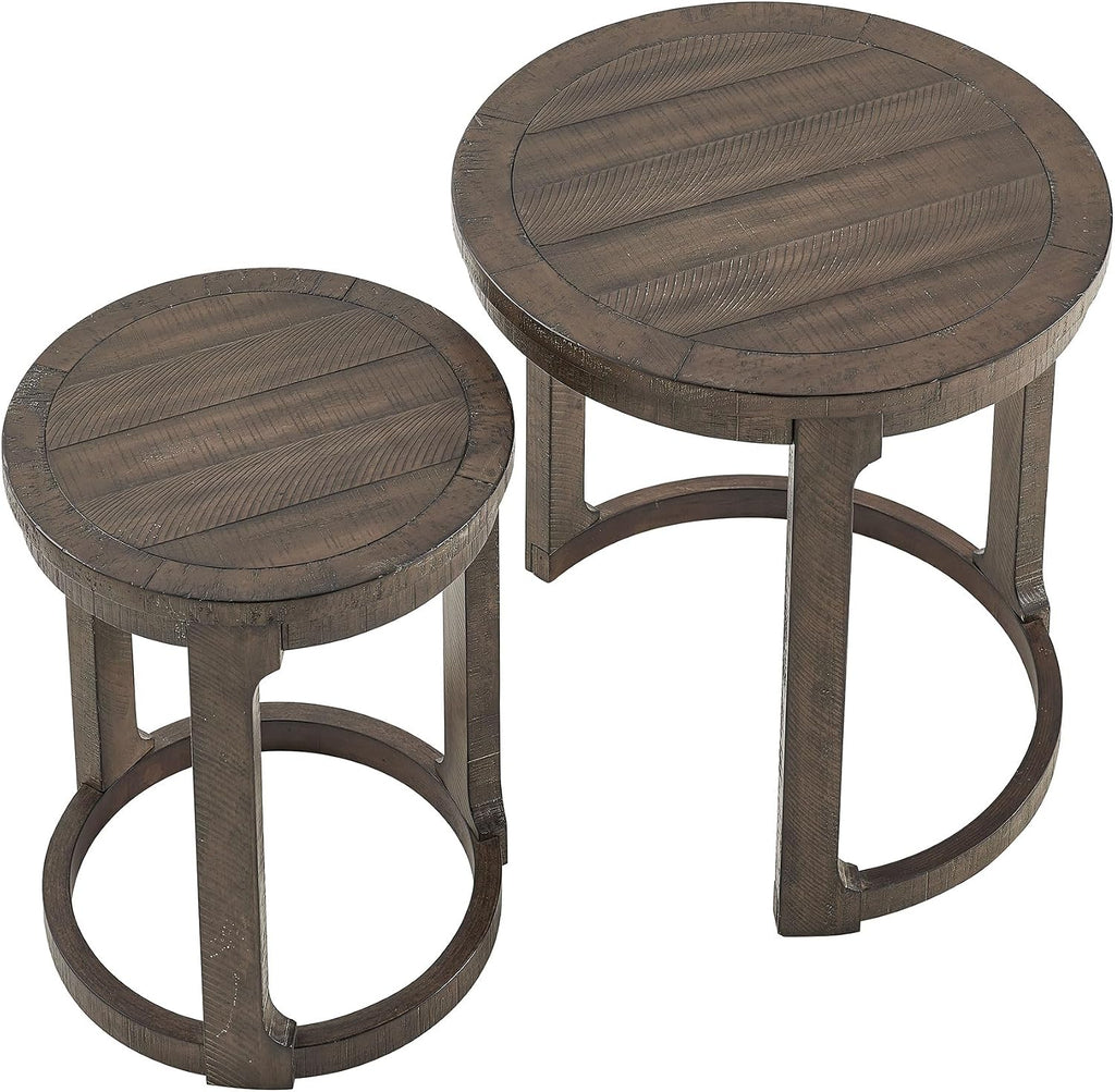 Round End Side Table Set of 2, Handcraft Nesting Table for Living Room, Modern Wood Circle Style, Easy Assembly, Dark Brown