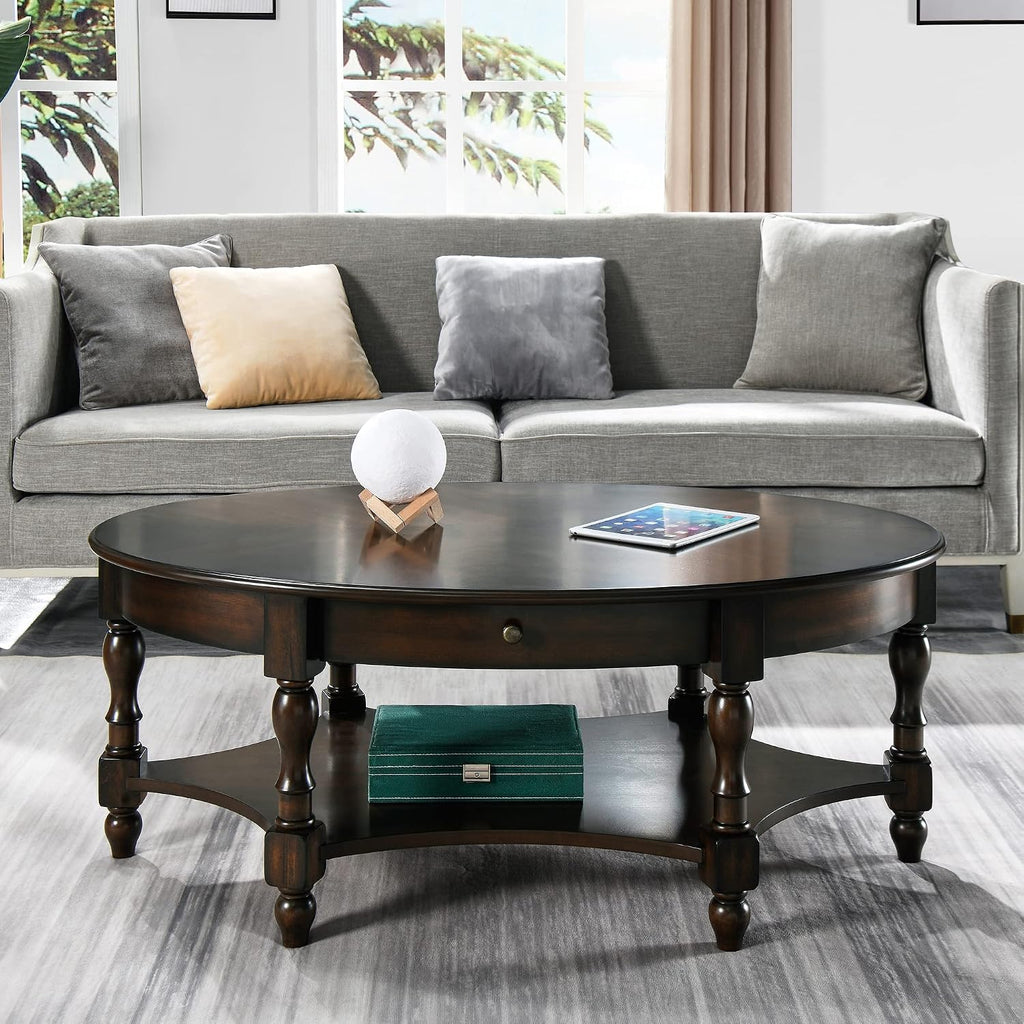 Coffee Table with Drawer, Solid Wood Oval Center Table with Storage Shelf, Traditional Living Room Table with Elegant Vintage Style, Easy Assembly, 45' x 27.6' x 18.2' Retro Walnut KFZ2233DC