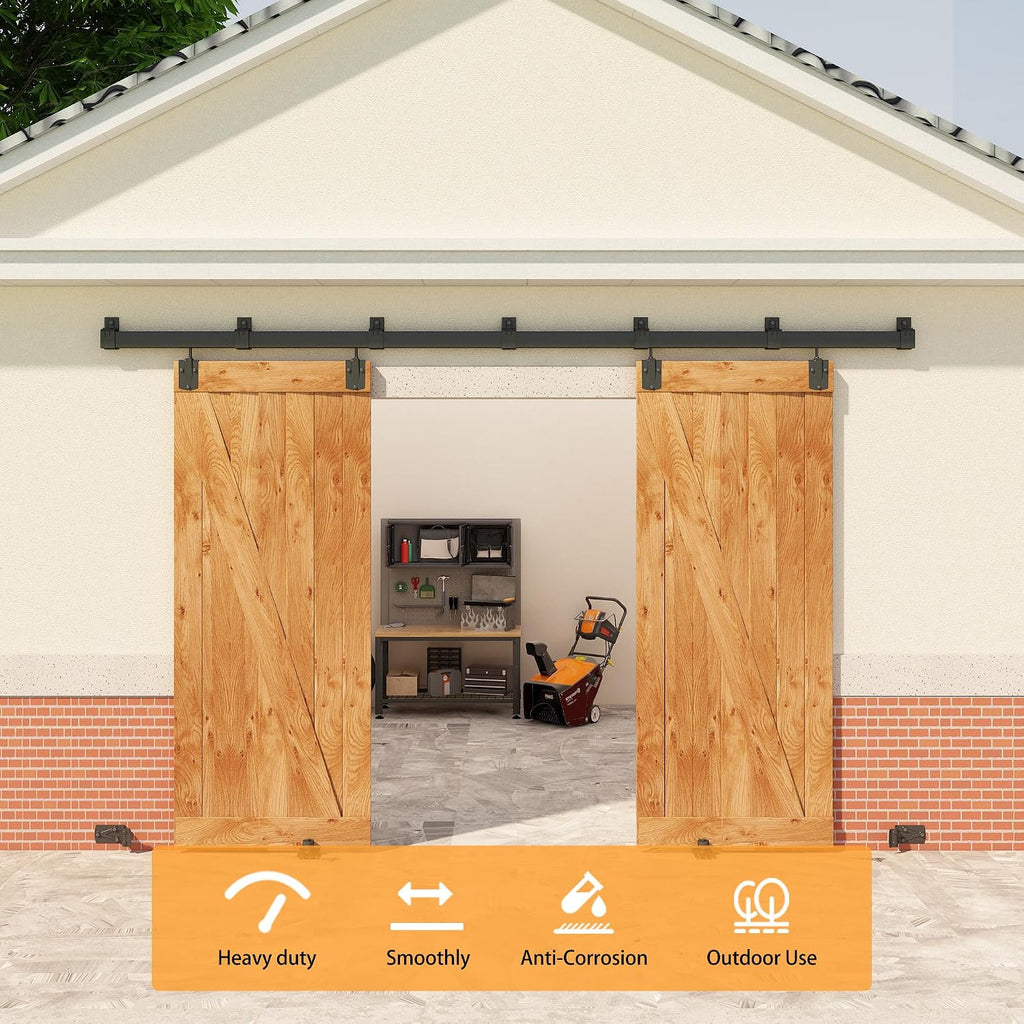 10FT Black Box Rail Exterior Barn Door Hardware Kit for 2 Doors, Sliding Heavy Duty Barn Door Track, Wall Mount Barn Door Hardware with 7 Track Brackets(Doors NOT Include)