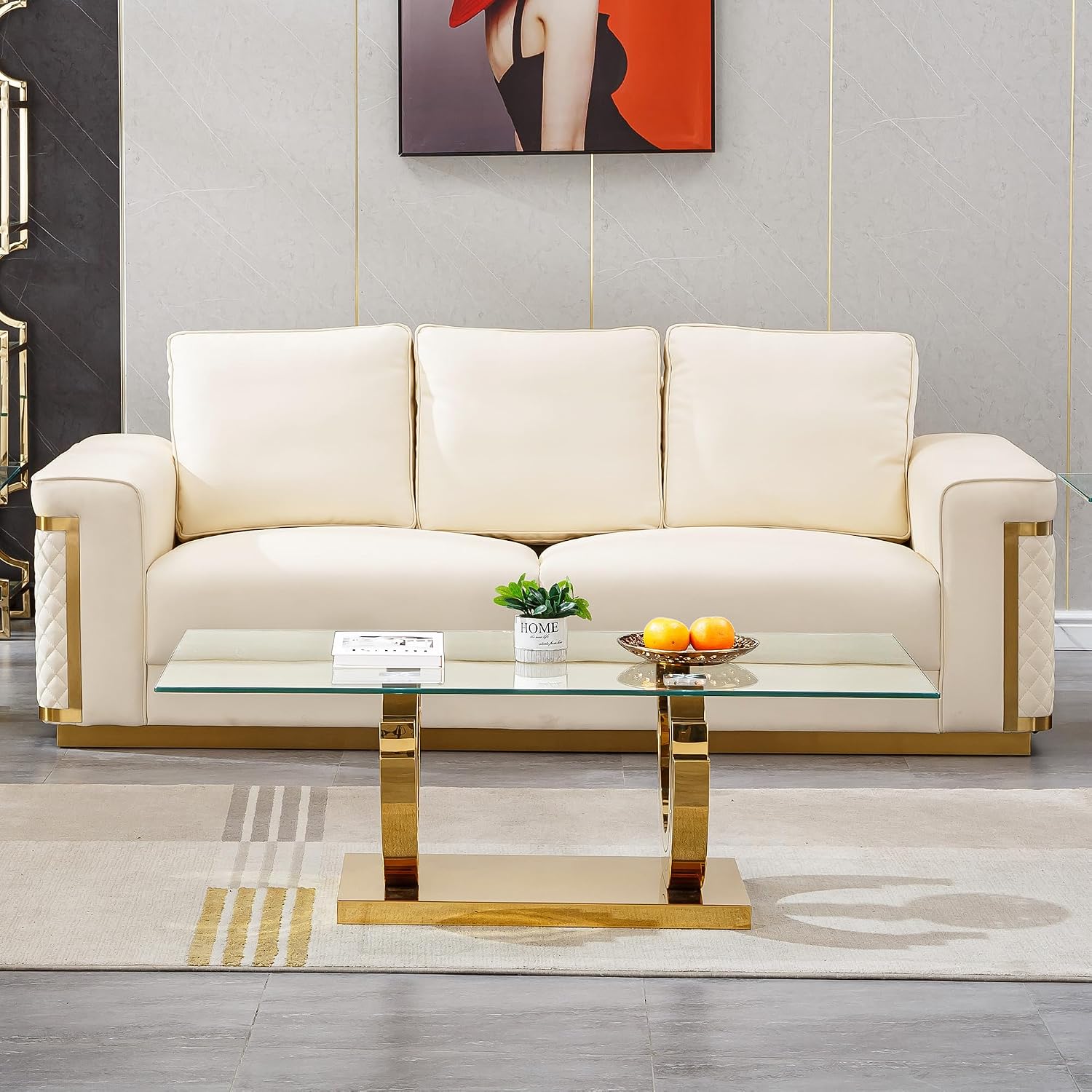 2 Piece Living Room Table Set Include 1 Glass Coffee Table & 1 End Table, Modern Gold Coffee Table Set of 2 with C-Shape Stainless Steel Pedestal Base
