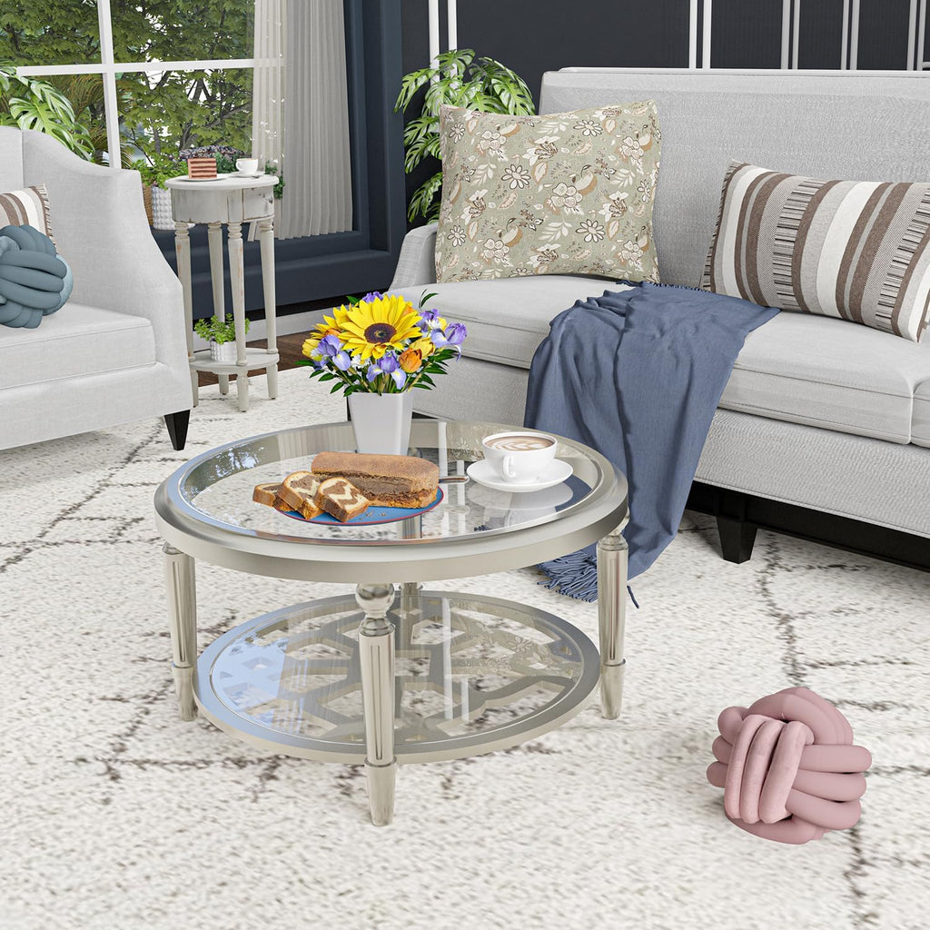 HOMPUS Glass Coffee Table, 32'' Round Coffee Table with Storage Shelf, Modern Unique Coffee Table with Double-Tempered Glass, Living Room End Table for Bedroom, Meeting Room, Fully Assembled