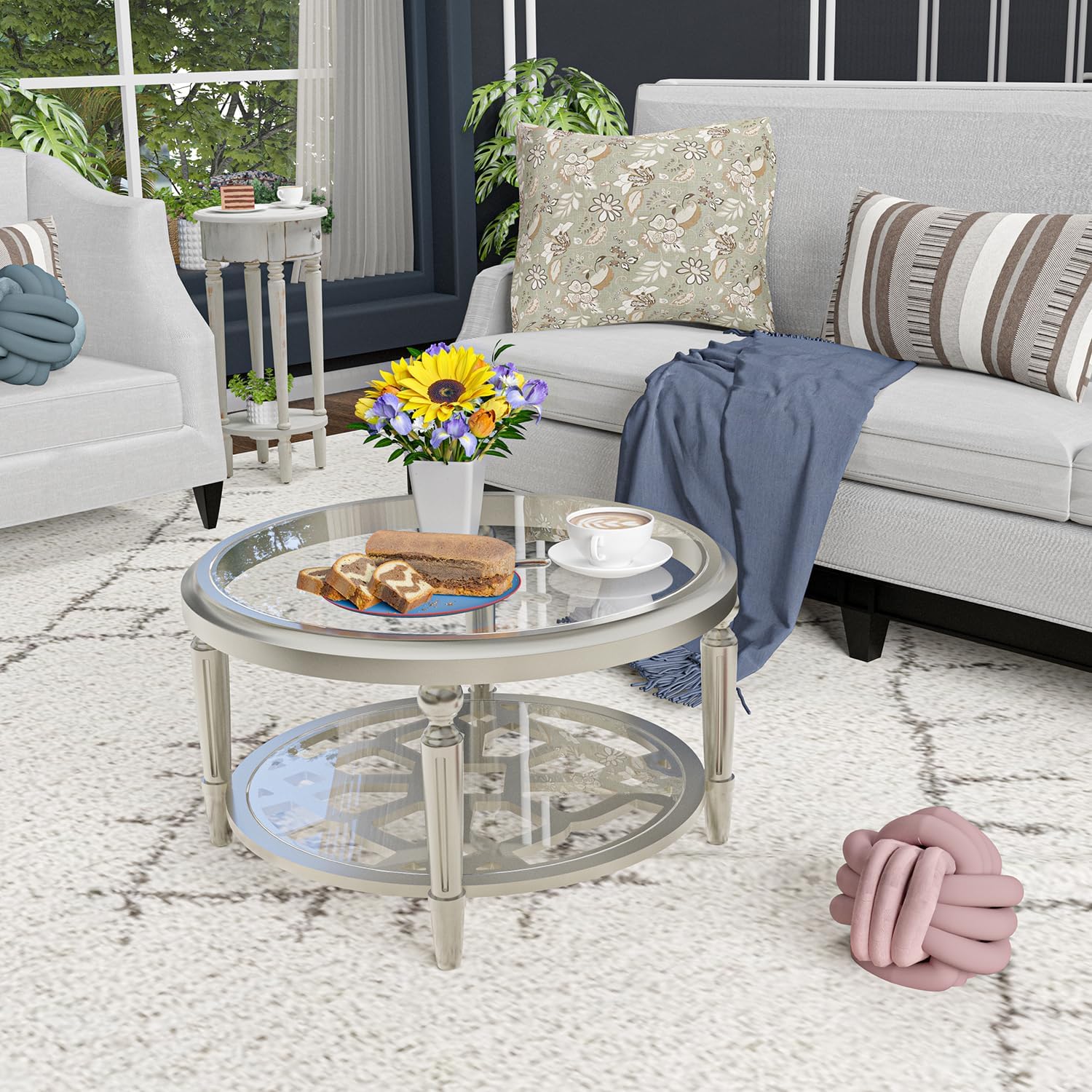 HOMPUS Glass Coffee Table, 32'' Round Coffee Table with Storage Shelf, Modern Unique Coffee Table with Double-Tempered Glass, Living Room End Table for Bedroom, Meeting Room, Fully Assembled