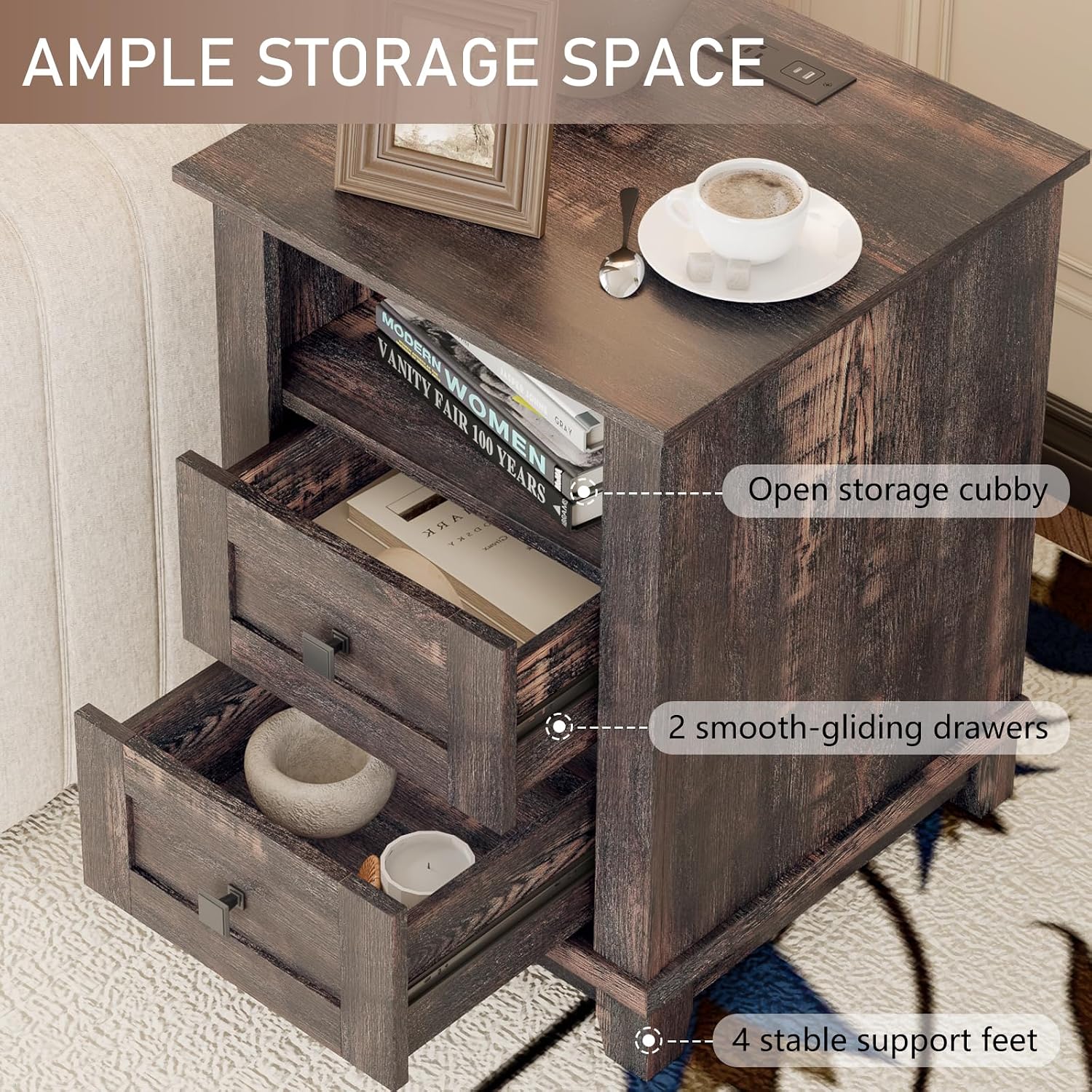 LUXOAK Farmhouse Table Set of 3, Coffee Table with Sliding Barn Doors, End Tables Set of 2 with Charging Station for Living Room & Bedroom, Sliding Barn Doors, 2 Tiers Storage Drawer, Dark Rustic Oak
