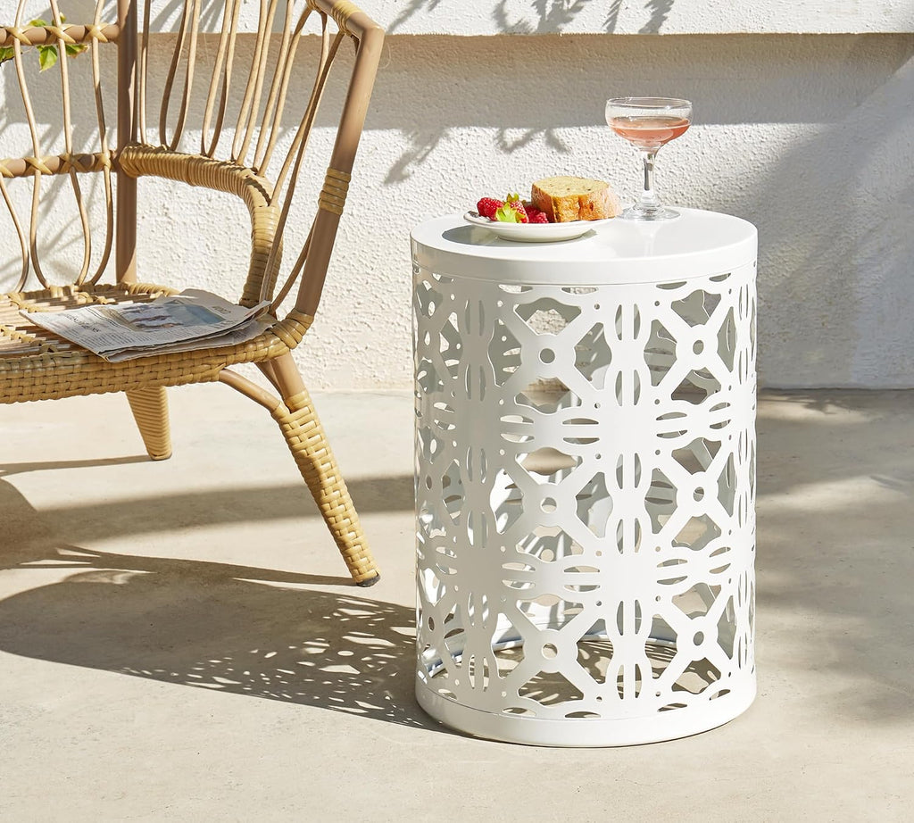 HFHOME Set of 3 Metal Outdoor Side Table, Nesting Round Coffee Table for Indoor Outdoor, Heavy Duty End Tables Plant Stand Living Room Garden Stool - White