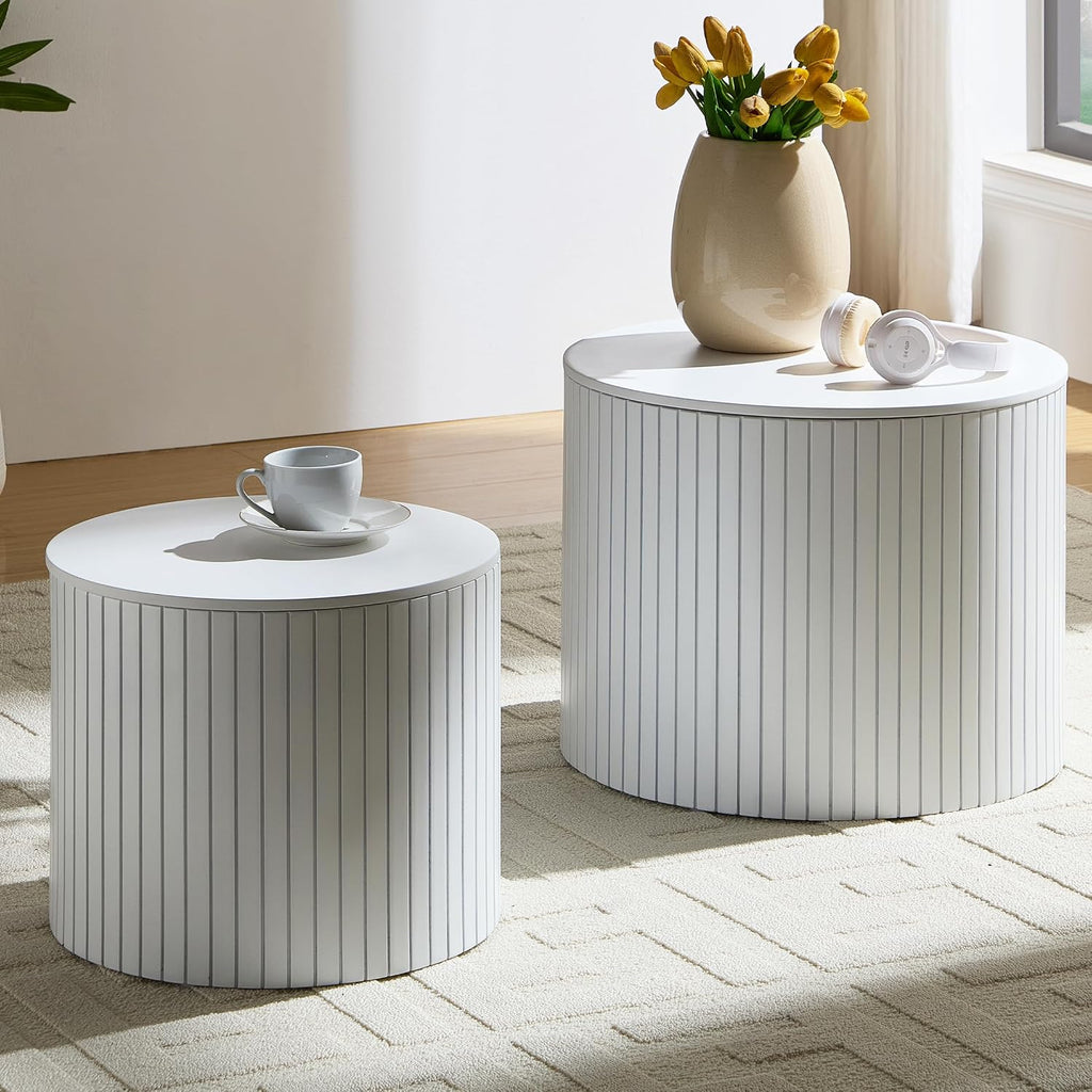 Nesting Coffee Table Set of 2, 19.17' Round Coffee Tables with Storage, Modern End Table for Living Room,Side Table for Apartment,Office,Dorm(White)