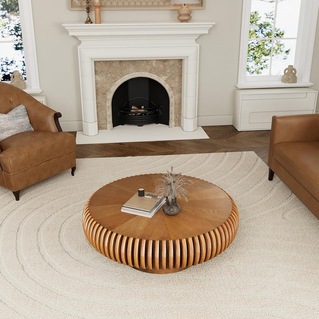 31.5' Round Drum Coffee Table, Modern Fluted Tea Table with Solid Wood Veneer, Wooden Circle Center Table for Living Room, Small Spaces, and Apartments, Easy Assembly