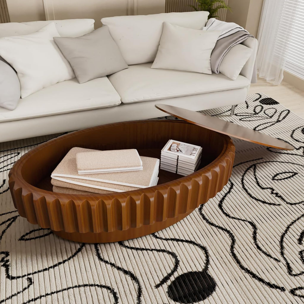 43.3' Oval Drum Coffee Table with Hidden Storage, Modern Fluted Coffee Tables with Solid Wood Veneer, Wooden Center Table for Living Room, Bedroom, Apartment, Easy Assembly
