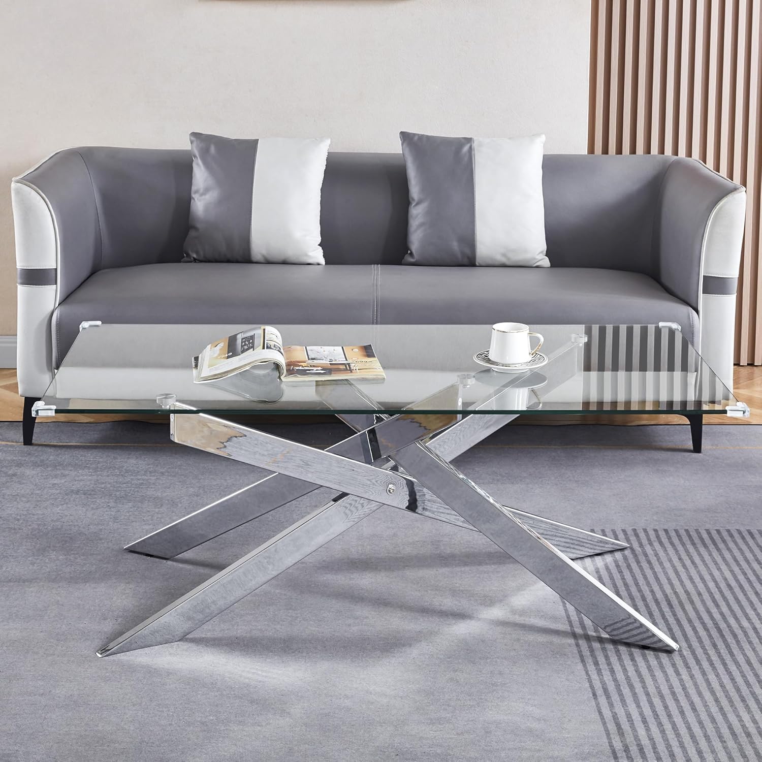 47 Inch Glass Coffee Table, Modern Rectangle Center Table with Clear Tempered Glass Top and Silver Metal Legs for Living Room, Apartment, Office, Easy to Clean