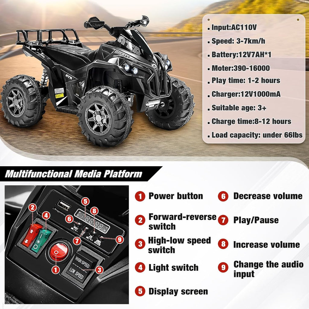 Soar 12V Ride On ATV for Kids Ages 3–6, Electric 4 Wheeler with LED Lights, Music Player, High/Low Speed, USB/TF, Treaded Tires, Black