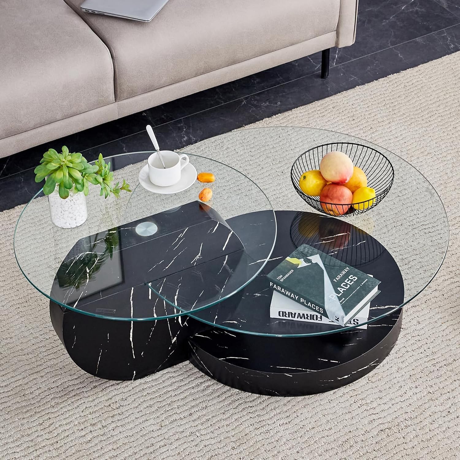 Glass Coffee Table, Modern Round Clear Coffee Tables for Living Room, 3-Tier Circle Tempered Coffee Table with Storage Wooden Side Table for Home Bedroom Balcony Yard (Black, Small)