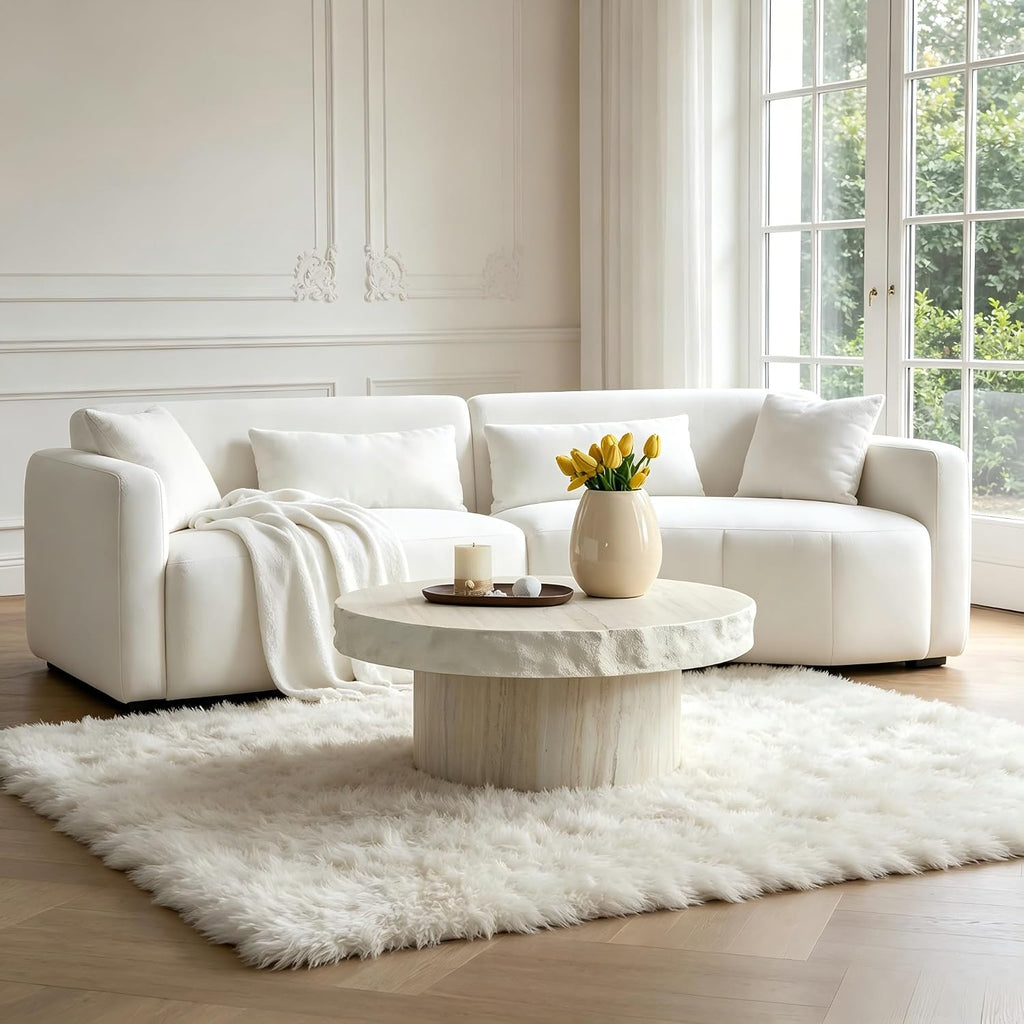 Round Coffee Table for Living Room Small Modern Faux Marble Center Circle Side Drum Accent Farmhouse Coffee Tables Mid Century for Apartment Bedroom Office Balcony (31.7' x 13') Beige