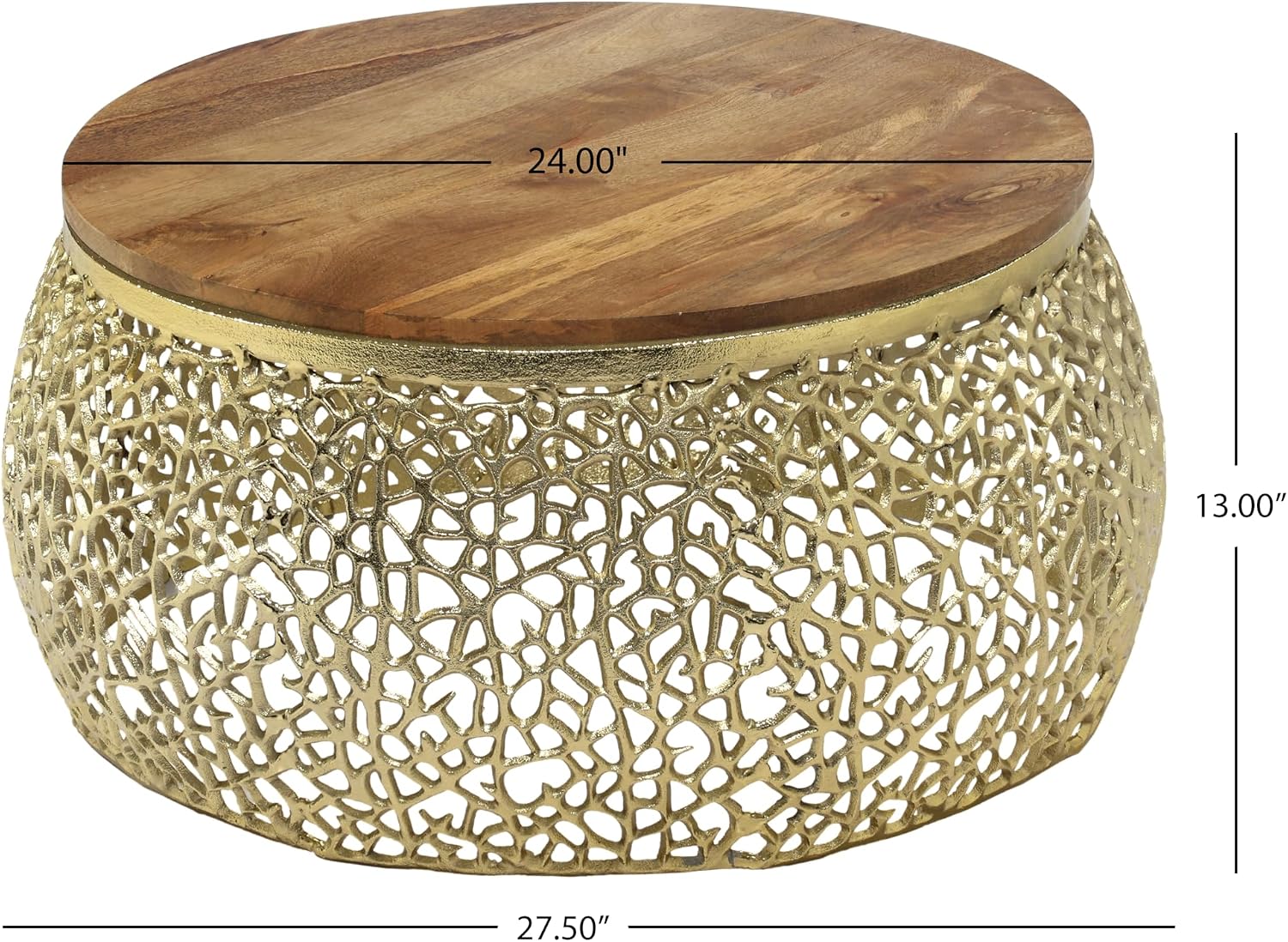 Christopher Knight Home Helast Aluminium Coffee Table with Round Mango Wooden Top, 27.5'' W Modern Indoor Accent Table for Living Room Bedroom Home Office, Abstract Hollow Frame, Gold