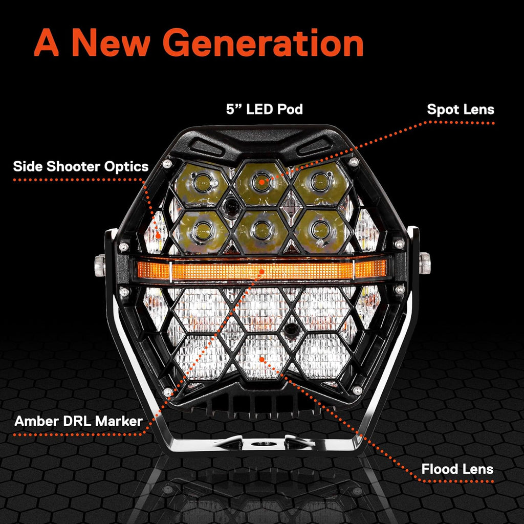 TRUE MODS 80W 5' Round LED Pods Offroad Light Pair Set [Side Shooter Optics] [Amber Turn Signal Marker Light] Off-Road Fog Driving Lights for UTV ATV Jeep Wrangler SxS 4x4 Truck Pick-Up Auto - Black