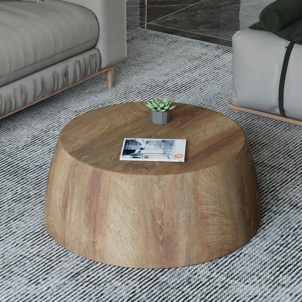 Rustic Drum Coffee Table for Living Room Round Center Table Modern Drum-Shape Wooden Cocktail Table for Home Office - Fully Assembled