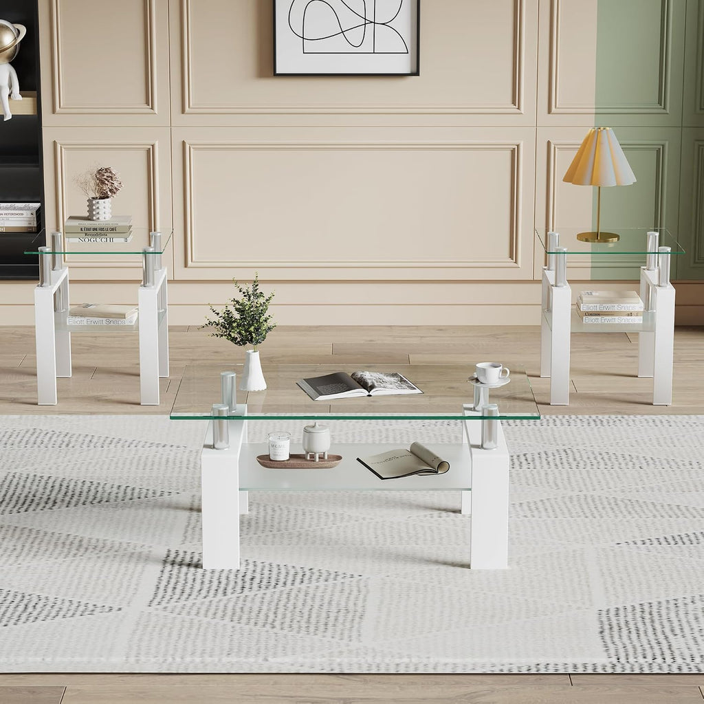 Glass Coffee Table Set of 3, 3-piece Living Room Tables with Tempered Glass and Metal Frame, Coffee and End Table Sets, White