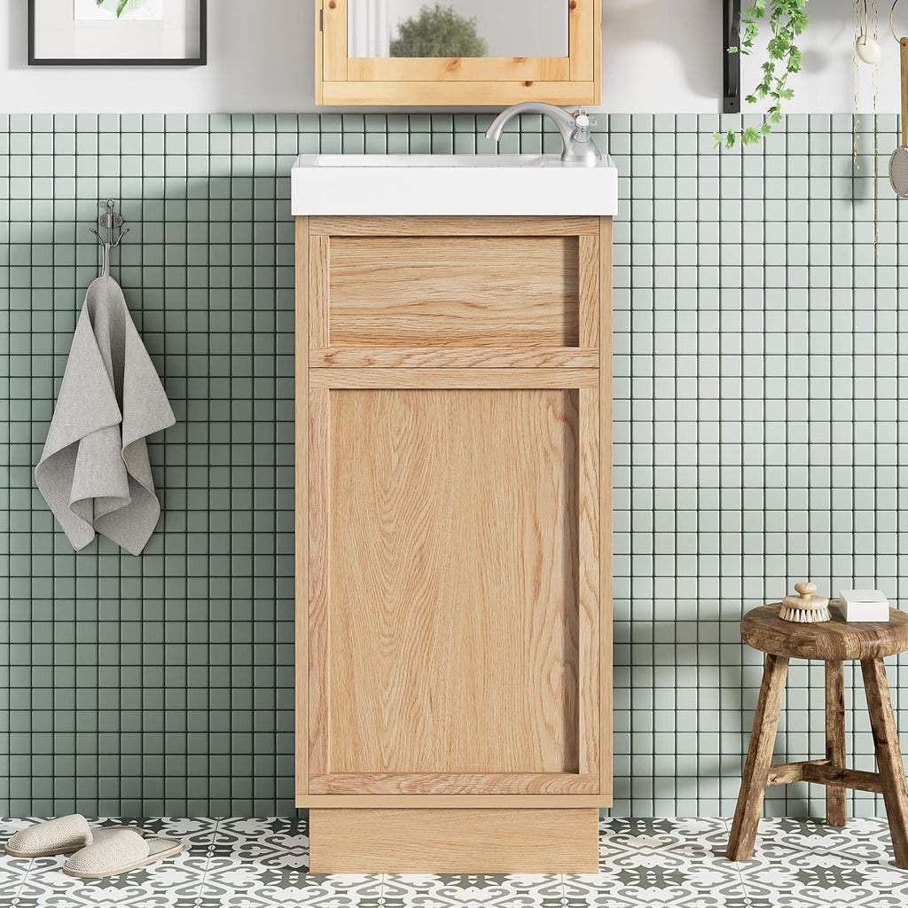 15.75' Rustic Bathroom Vanity with MDF Cabinet & Adjustable Shelf, Stylish Reversible Resin Sink & Push-to-Open Door - Perfect for Small Spaces!