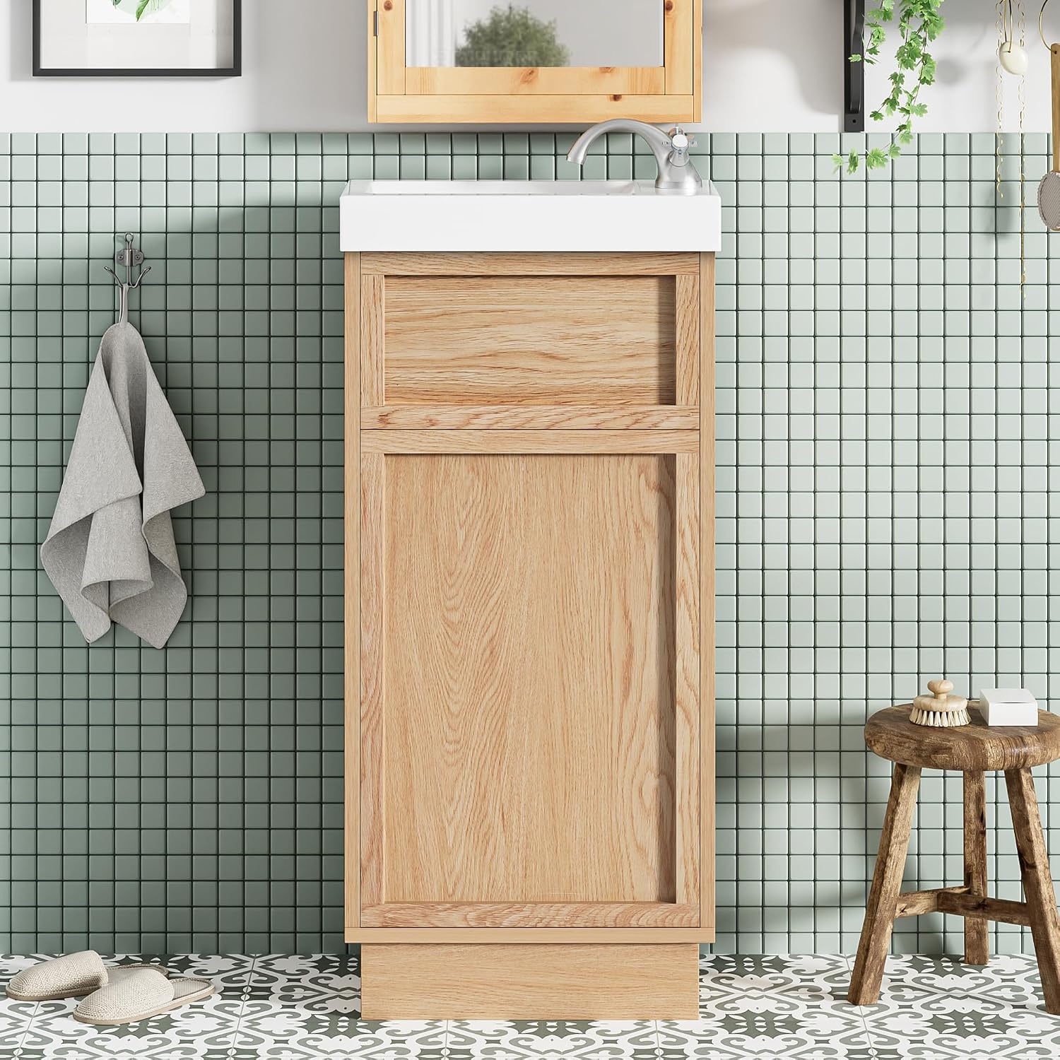 15.75' Rustic Bathroom Vanity with MDF Cabinet & Adjustable Shelf, Stylish Reversible Resin Sink & Push-to-Open Door - Perfect for Small Spaces!