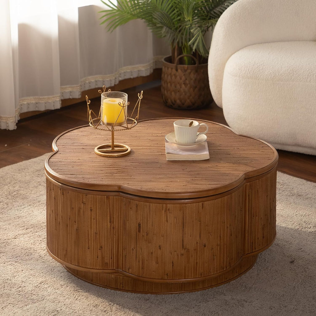 31.5'' Round Coffee Table with Lift-Off Lid Storage, Wood Circle Flower-Shaped Rattan Coffee Table for Living Room, Modern Boho Countryside Farmhouse Style, No Assembly, Natural