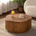 31.5'' Round Coffee Table with Lift-Off Lid Storage, Wood Circle Flower-Shaped Rattan Coffee Table for Living Room, Modern Boho Countryside Farmhouse Style, No Assembly, Natural