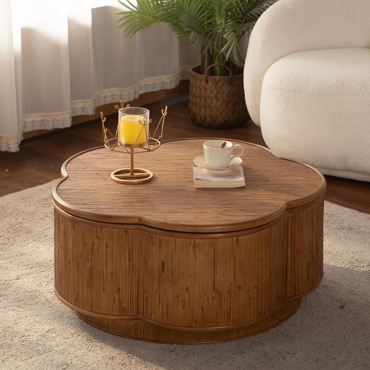 31.5'' Round Coffee Table with Lift-Off Lid Storage, Wood Circle Flower-Shaped Rattan Coffee Table for Living Room, Modern Boho Countryside Farmhouse Style, No Assembly, Natural