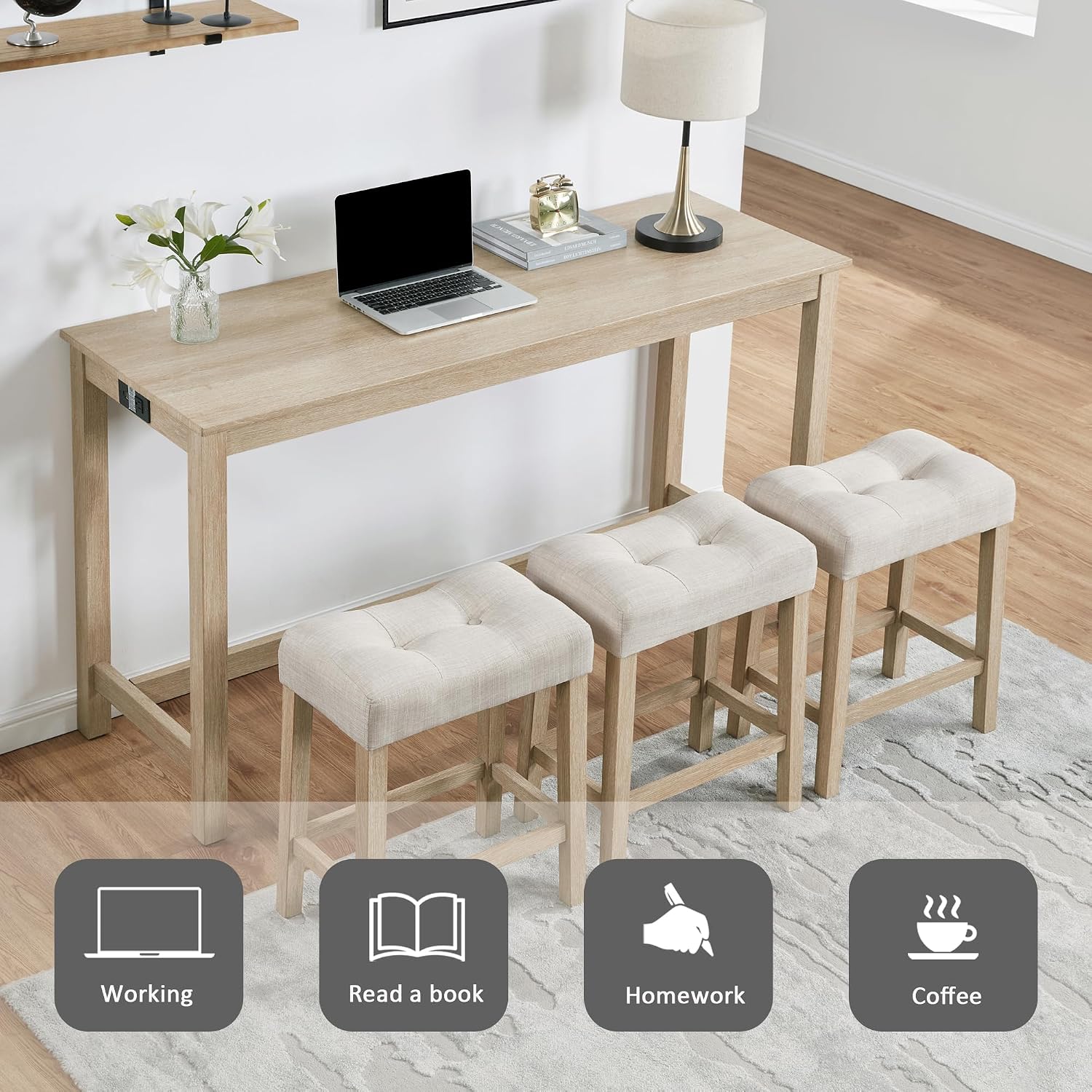 Merax 4 Piece Dining Bar Table Set with Power Outlet,Behind Sofa Couch Table with 3 Linen Fabric Padded Saddle Seat Stools,for Living Room,Dining Room,Light Oak