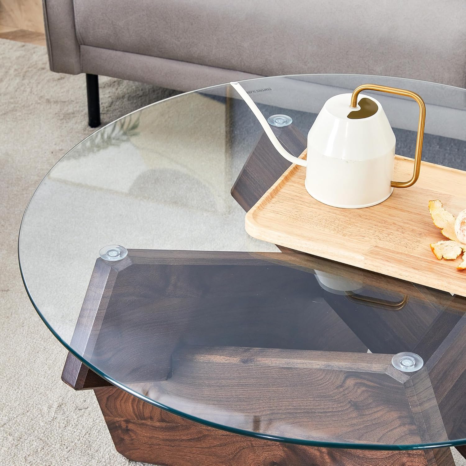 33.4'' Tempered Glass Round Coffee Table for Living Room, Modern Circle Coffee Table, Glass Tabletop & Wood Base, Easy Assembly, Walnut