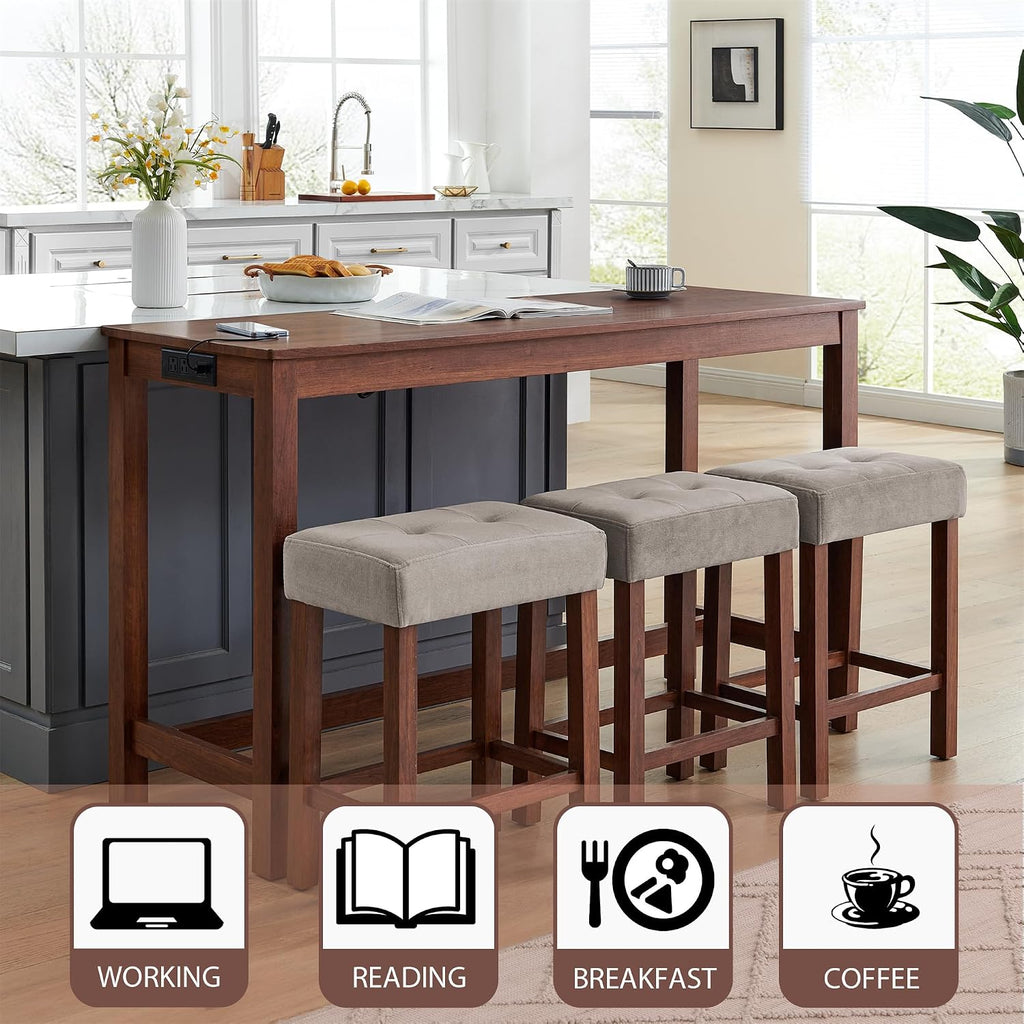 Merax 59 Inch Industrial Bar Table Set with Power Outlet & 3 Stools, Kitchen Dining Table with Charging Station, Counter Height Workstation for Small Space,Cherry