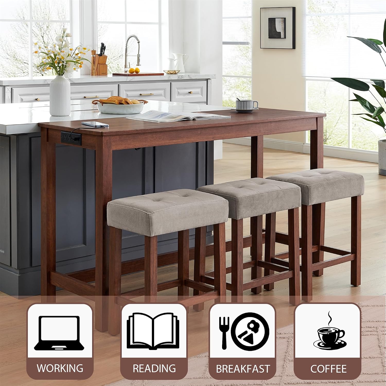 Merax 59 Inch Industrial Bar Table Set with Power Outlet & 3 Stools, Kitchen Dining Table with Charging Station, Counter Height Workstation for Small Space,Cherry