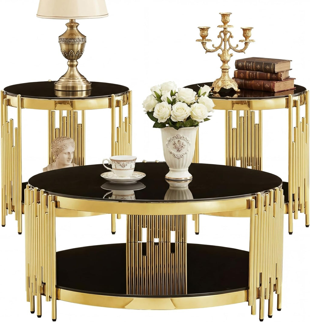 Round Glass Coffee Table Set of 3, Gold and Black Modern Living Room Table Set, Includes 1 Coffee Table & 2 End Tables, Gold Stainless Steel Base Tempered Glass Top, Luxury Furniture for Home Office