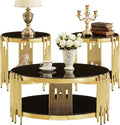 Round Glass Coffee Table Set of 3, Gold and Black Modern Living Room Table Set, Includes 1 Coffee Table & 2 End Tables, Gold Stainless Steel Base Tempered Glass Top, Luxury Furniture for Home Office