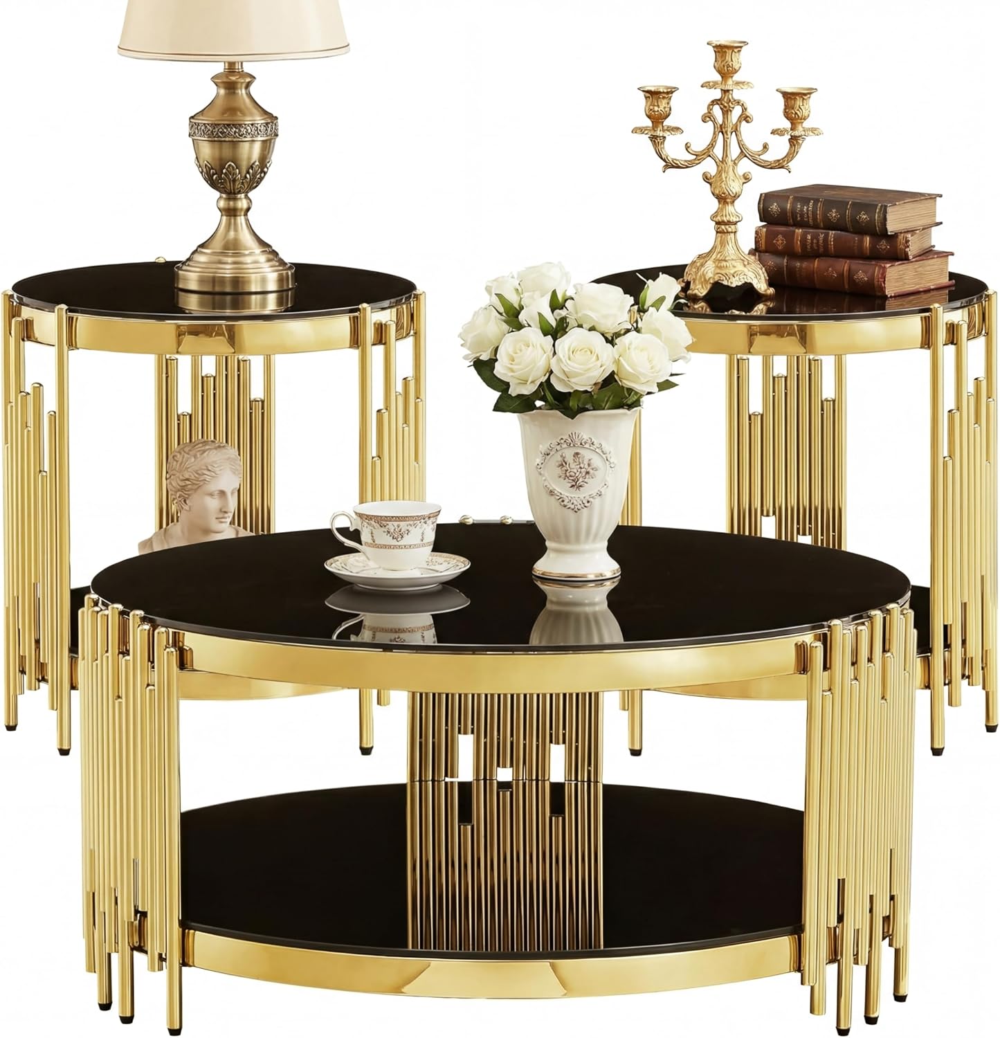 Round Glass Coffee Table Set of 3, Gold and Black Modern Living Room Table Set, Includes 1 Coffee Table & 2 End Tables, Gold Stainless Steel Base Tempered Glass Top, Luxury Furniture for Home Office