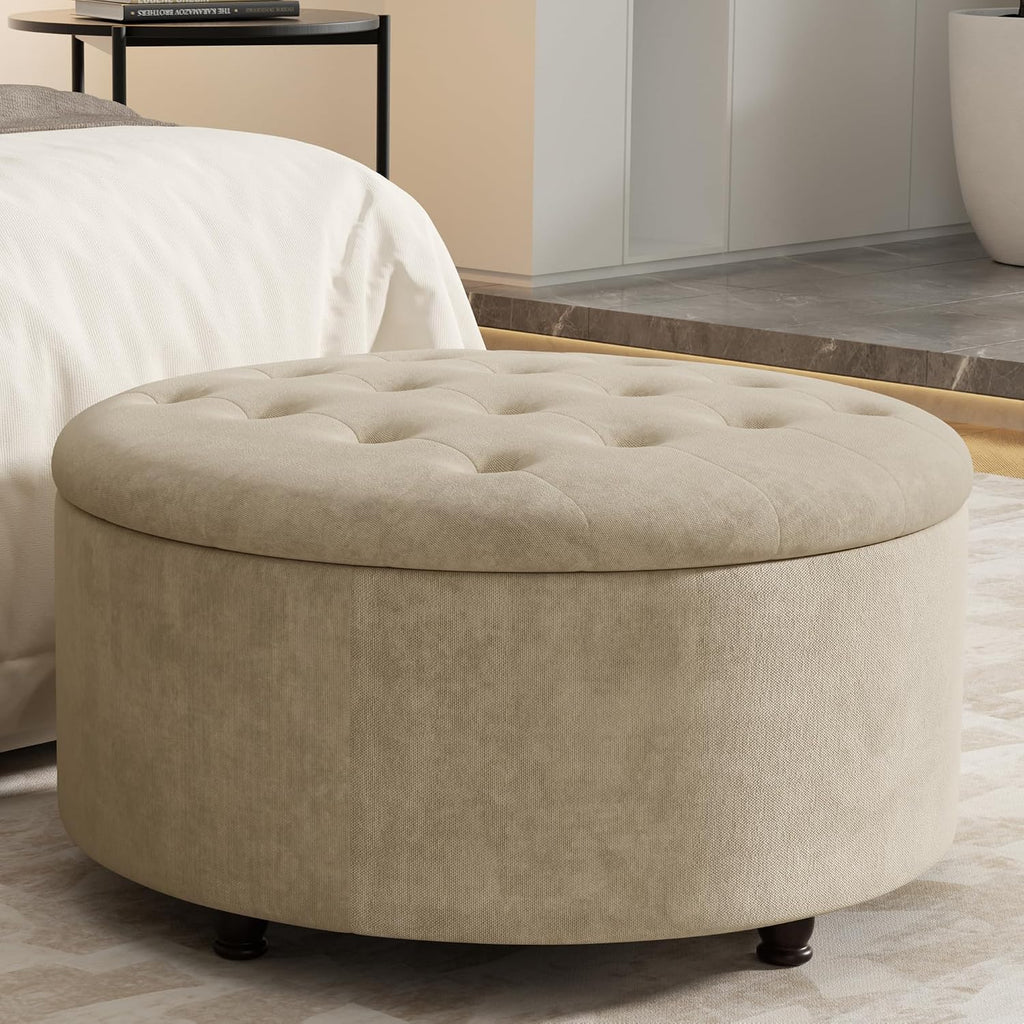 30 Inch Round Storage Ottoman,Modern Tufted Ottomans,Circular Coffee Table with Removable Top,Upholstered Large Ottoman with Storage Footrest Stool for Bedroom Living Room (Lightbrown)