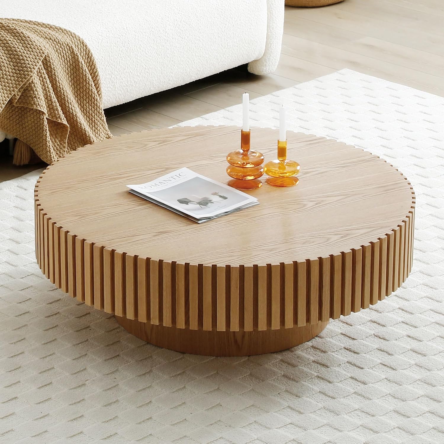 31.49' Round Coffee Table Wood, Modern Unique Oak Circle Coffee Table, Contemporary Drum Wooden Fluted Coffee Table Side Center Table for Living Room,Apartment,Office, Natural Ash