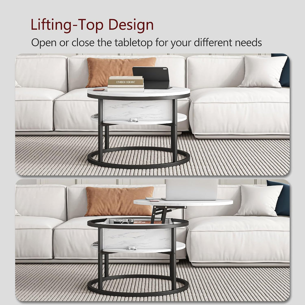 HOJINLINERO Round Coffee Table with Storage, Lift Top Coffee Table with Hidden Compartment, Farmhouse Juxing Design for Living Room, 2-Tier Small Round Dining Center, White